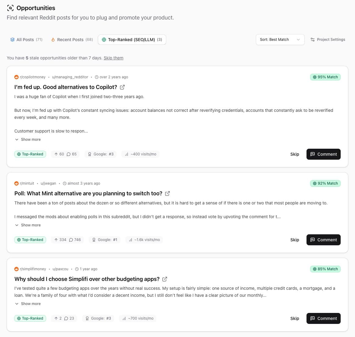 Bazzly Top-Ranked opportunities: Reddit threads on Copilot and Mint alternatives ranking #1 to #3 on Google