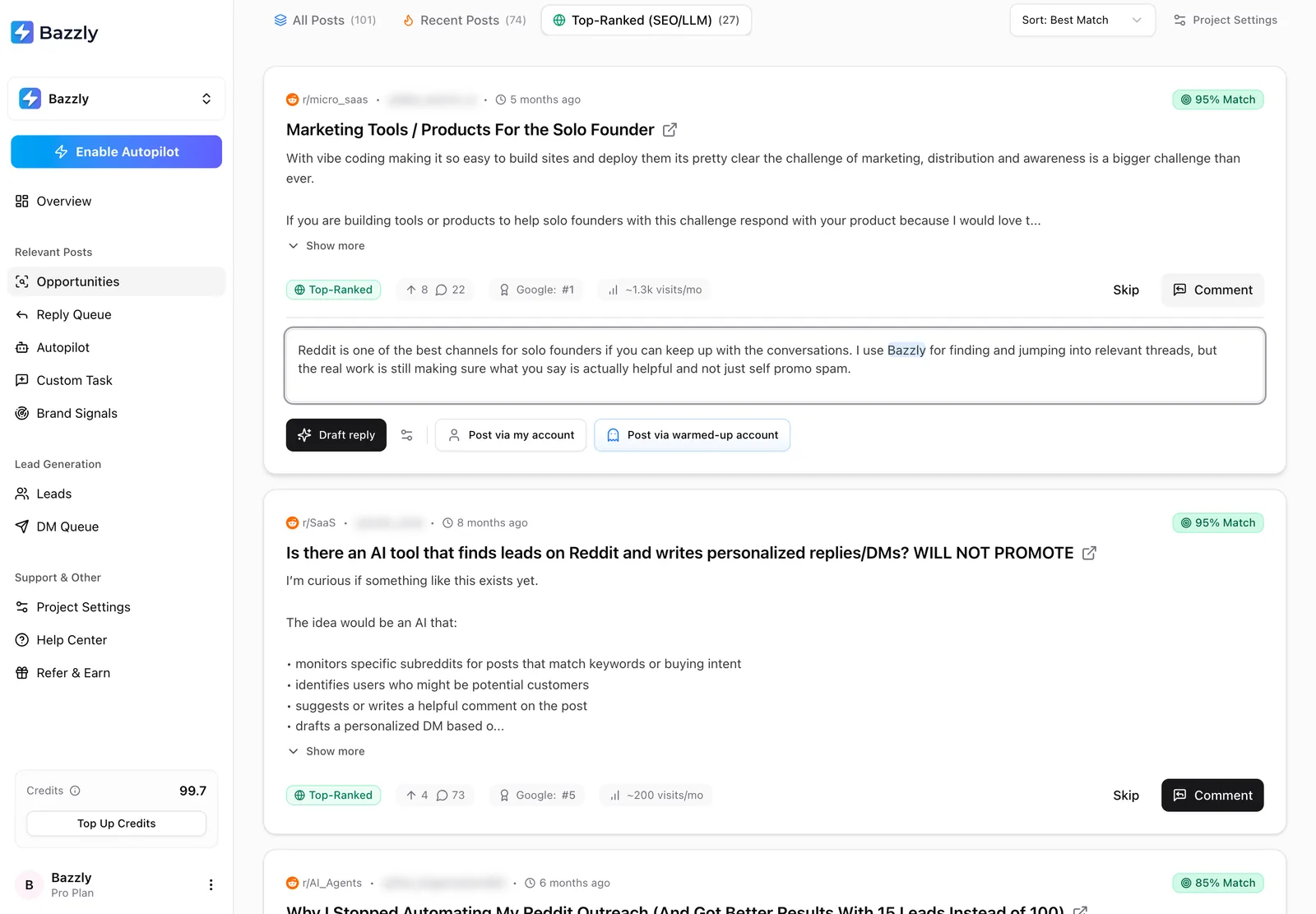 Bazzly dashboard: AI reply draft. A reply drafted by AI on a thread ranking #1 on Google. The draft is editable, and nothing posts until you pick how to send it.