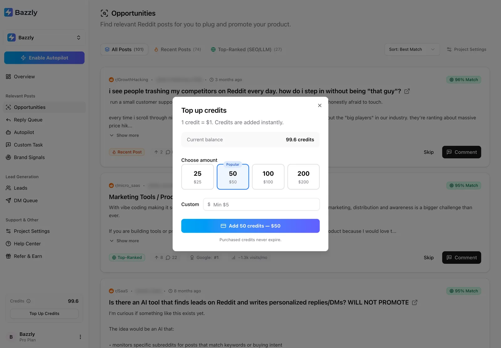 Bazzly dashboard: Credits and top-up. The credit balance in the sidebar and the top-up dialog. 1 credit = $1, and purchased credits never expire.