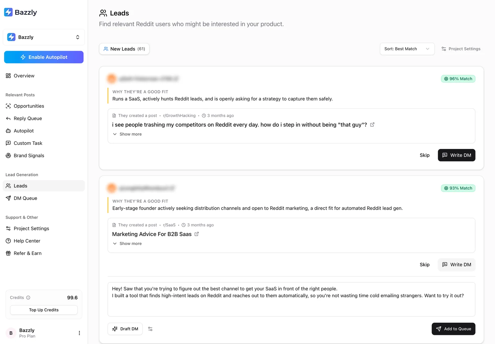 Bazzly dashboard: DM draft. A personalized DM drafted from the lead's own post, ready to edit and add to the DM queue.