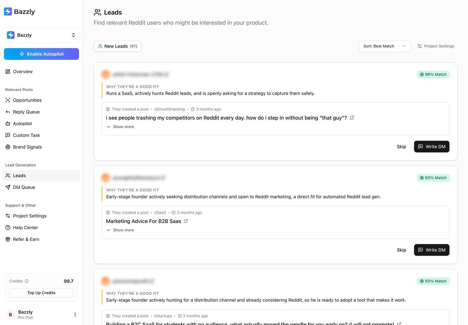 Bazzly dashboard: Leads. Reddit users who described the problem the product solves, with why each one is a good fit and the post they wrote.