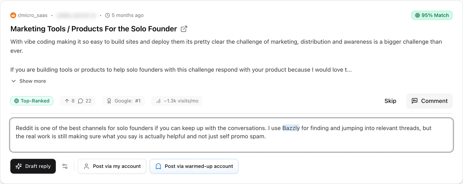Bazzly dashboard: Posting method. Every reply can go out from your own Reddit account through the Chrome extension, or from one of Bazzly's warmed-up accounts.